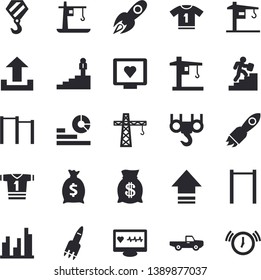 Solid vector icon set - crane flat vector, hook, pickup truck, rocket, wealth, statistics, computer diagnostics of health, statistic, career ladder, parallel bars, sport T shirt, upload, alarm clock