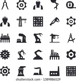 Solid vector icon set - crane flat vector, builder, cogwheel, tape measure, trammel, factory, manufactory, plant, robotics, dividers, robot hand, nuclear power, industrial, electronic circuit