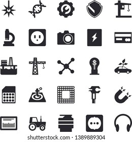 Solid vector icon set - crane flat vector, sockets, switch box, repair, warm floor, tractor, oil production platform, eco cars, laser, SIM card, trammel, credit, idea, barcode, copy machine, cpu