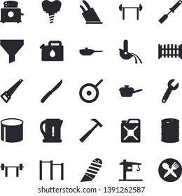 Solid vector icon set - crane flat vector, saw, fence, stationery knife, hammer, frying pan, saute, teflon, electric kettle, kitchen spatula, knives, toaster, oil tanks, canister, pipe production