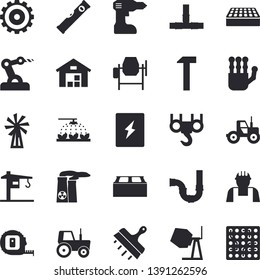 Solid vector icon set - crane flat vector, builder, hook, concrete mixer, drill screwdriver, tape measure, pipes, level meter, switch box, putty knife, brick, hammer, windmill, tractor, cogwheel