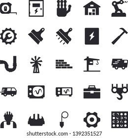 Solid vector icon set - crane flat vector, builder, brick wall, hook, cogwheel, tape measure, tool bag, pipes, hard hat, switch box, repair, putty knife, construction plummet, hammer, windmill