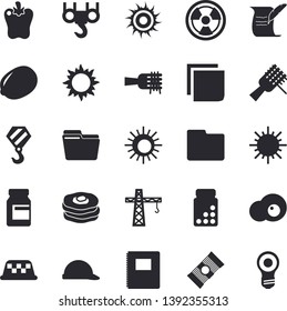 Solid vector icon set - crane flat vector, hook, hard hat, spaghetti, lemon, on a fork, bell pepper, scrambled eggs, pancakes, sun, radiation, computer file, sticker, hostory roll, notebook, fector