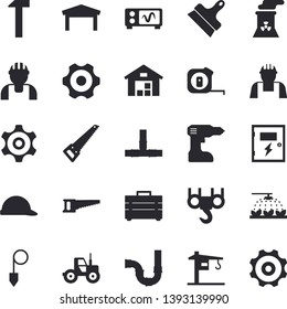 Solid vector icon set - crane flat vector, builder, hook, cogwheel, drill screwdriver, saw, tape measure, tool bag, pipes, hard hat, switch box, putty knife, construction plummet, hammer, tractor