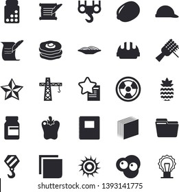 Solid vector icon set - crane flat vector, hook, hard hat, lemon, spaghetti on a fork, bell pepper, scrambled eggs, pineapple, pancakes, radiation, computer file, sticker, hostory roll, notebook