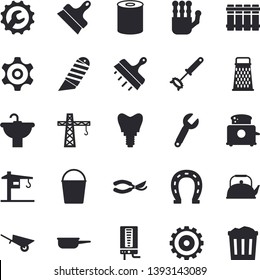 Solid vector icon set - crane flat vector, wheelbarrow, sink, repair, putty knife, stationery, heating batteries, boiler, saute, teapot, whisk, toaster, grater, canned food, horseshoe, secateurs