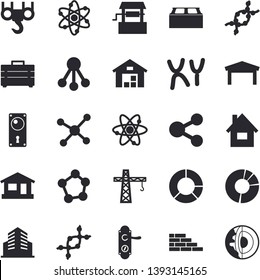 Solid vector icon set - crane flat vector, house, brick wall, hook, tool bag, door lock, well, warehouse, hierarchy, molecules, DNA, chromosomes, office building, clircle diagram, molecule, atom