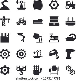 Solid vector icon set - crane flat vector, hook, concrete mixer, cogwheel, drill screwdriver, double boiler, tractor, oil pumping, fabric manufacture, robotics, cash machine, tomograph, printer, cpu