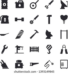 Solid vector icon set - crane flat vector, hook, fence, stationery knife, hammer, frying pan, teflon, electric kettle, kitchen spoon, whisk, knives, toaster, saw, oil tanks, canister, welding