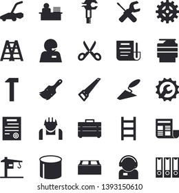 Solid vector icon set - crane flat vector, trowel, tool, saw, bag, ladder, paint brush, repair, brick, hammer, scissors, lawn mower, cogwheel, construction worker, pipe production, trammel, document