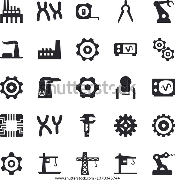 Solid vector icon set - crane flat vector,
cogwheel, tape measure, factory, manufactory, plant, construction
worker, motherboard, robotics, dividers, trammel, chromosomes,
nuclear power