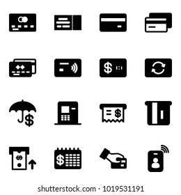 Solid vector icon set - credit card vector, ticket, tap pay, exchange, atm, receipt, finance calendar, identity