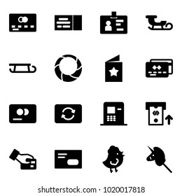 Solid vector icon set - credit card vector, ticket, identity, sleigh, christmas wreath, star postcard, exchange, atm, pay, envelope, chicken toy, unicorn stick