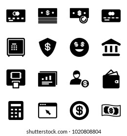 Solid vector icon set - credit card vector, dollar, cash, safe, smile, bank, atm, statistics report, account, wallet, calculator, cursor browser, money