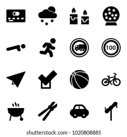 Solid vector icon set - credit card vector, snowfall, candle, snowball, push ups, run, no truck road sign, speed limit 100, paper plane, check, ball, bike, grill, bolt cutter, car, toy windmill