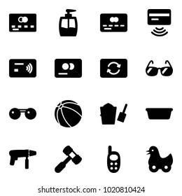 Solid vector icon set - credit card vector, liquid soap, tap pay, exchange, sunglasses, ball, bucket scoop, basin, drill machine, toy hammer, phone, duck