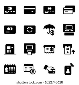 Solid vector icon set - credit card vector, exchange, insurance, atm, receipt, finance calendar, pay, identity