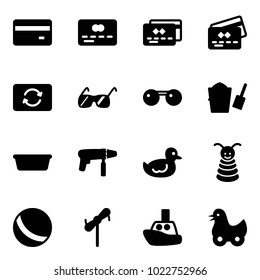Solid vector icon set - credit card vector, exchange, sunglasses, bucket scoop, basin, drill machine, duck toy, pyramid, ball, windmill, boat