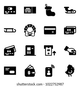 Solid vector icon set - credit card vector, ticket, christmas sock, sleigh, wreath, atm, pay, envelope, finance management, identity, chicken toy