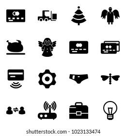 Solid vector icon set - credit card vector, fork loader, christmas tree, angel, turkey, tap pay, gear, swimsuit, dragonfly, information exchange, wi fi router, case, bulb