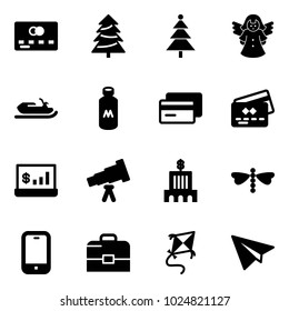 Solid vector icon set - credit card vector, christmas tree, angel, snowmobile, milk, account statistics, telescope, bank building, dragonfly, mobile phone, case, kite, paper plane