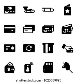 Solid vector icon set - credit card vector, sleigh, star postcard, tap pay, exchange, atm, finance management, identity, micro flash, toy unicorn stick