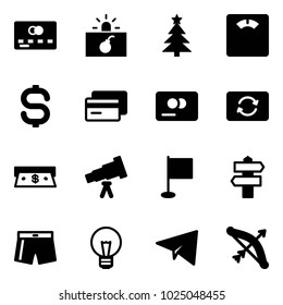 Solid vector icon set - credit card vector, terrorism, christmas tree, floor scales, dollar sign, exchange, cash, telescope, flag, signpost, swimsuit, bulb, paper plane, bow