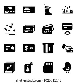 Solid vector icon set - credit card vector, ticket, christmas sock, landscape, sale, tap pay, atm, photo, identity, micro flash, chicken toy