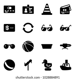 Solid vector icon set - credit card vector, identity, road cone, refresh, sunglasses, ball, basin, pipe welding, toy windmill, duck, boat