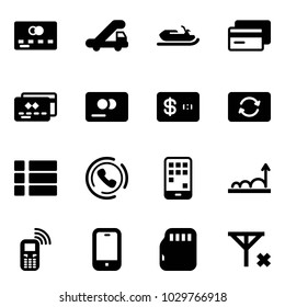 Solid vector icon set - credit card vector, trap truck, snowmobile, exchange, menu, phone horn, mobile, growth, micro flash, no signal