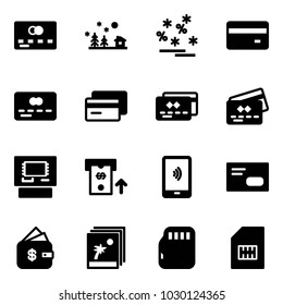 Solid vector icon set - credit card vector, christmas landscape, sale, atm, mobile payment, envelope, finance management, photo, micro flash, sim