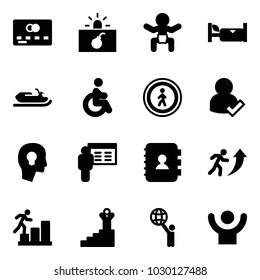 Solid vector icon set - credit card vector, terrorism, baby, hotel, snowmobile, disabled, no pedestrian road sign, user check, head bulb, presentation, contact book, career, success, world