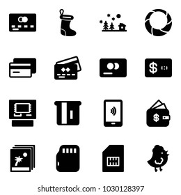 Solid vector icon set - credit card vector, christmas sock, landscape, wreath, atm, mobile payment, finance management, photo, micro flash, sim, chicken toy