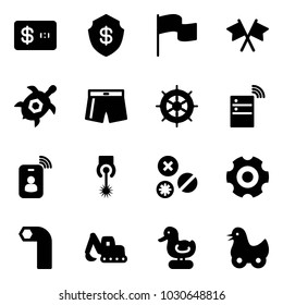 Solid vector icon set - credit card vector, safe, flag, flags cross, sea turtle, swimsuit, hand wheel, server wireless, identity, laser, rivet, gear, allen key, excavator toy, duck