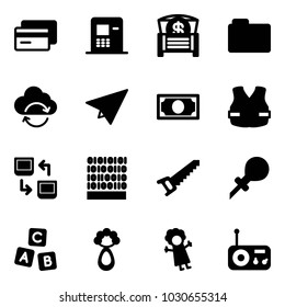 Solid Vector Icon Set - Credit Card Vector, Atm, Money Chest, Folder, Refresh Cloud, Paper Plane, Life Vest, Data Exchange, Binary Code, Saw, Oiler, Abc Cube, Beanbag, Doll, Radio