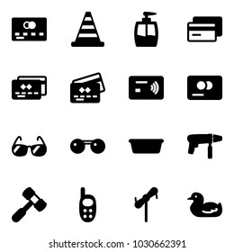 Solid vector icon set - credit card vector, road cone, liquid soap, tap pay, sunglasses, basin, drill machine, toy hammer, phone, windmill, duck
