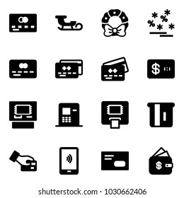 Solid vector icon set - credit card vector, sleigh, christmas wreath, sale, atm, pay, mobile payment, envelope, finance management