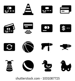 Solid vector icon set - credit card vector, road cone, tap pay, exchange, ball, drill machine, pipe welding, pyramid toy, duck