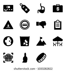 Solid vector icon set - credit card vector, medical label, stomach, money case, pedestrian road sign, no bus, dislike, clipboard, globe, garbage, mountain, outdoor cafe, fingerprint scanner, brush