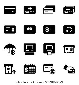 Solid vector icon set - credit card vector, tap pay, exchange, insurance, atm, receipt, finance calendar