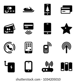 Solid vector icon set - credit card vector, snowmobile, christmas mobile, tap pay, phone, star, horn, antenna, power bank, wi fi router, battery