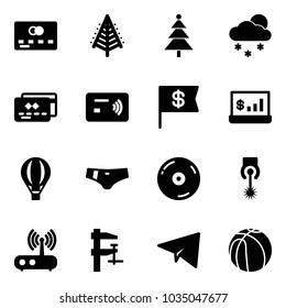 Solid vector icon set - credit card vector, christmas tree, snowfall, tap pay, dollar flag, account statistics, air balloon, swimsuit, cd, laser, wi fi router, clamp, paper plane, basketball