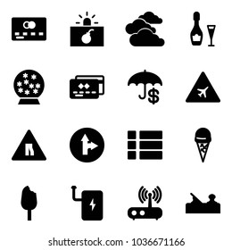 Solid vector icon set - credit card vector, terrorism, clouds, wine, snowball, insurance, airport road sign, narrows, only forward right, menu, ice cream, power bank, wi fi router, jointer