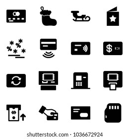 Solid vector icon set - credit card vector, christmas sock, sleigh, star postcard, sale, tap pay, exchange, atm, envelope, micro flash