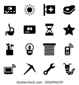 Solid vector icon set - credit card vector, sun, first aid room, meat, stomach, sand clock, star, win, business idea, jalousie, mobile phone, notebook wi fi, axe, wrench, toy caterpillar