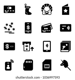 Solid vector icon set - credit card vector, christmas sock, wreath, star postcard, sale, mobile payment, tap pay, atm, photo, identity, micro flash, sim, toy unicorn stick