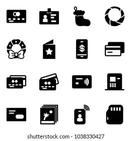 Solid vector icon set - credit card vector, identity, christmas sock, wreath, star postcard, mobile payment, tap pay, atm, envelope, photo, micro flash
