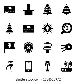 Solid vector icon set - credit card vector, recieptionist, christmas tree, dollar sun, money search, flag, shield cross, signpost, first satellite, kite, mobile phone, laser, wi fi router