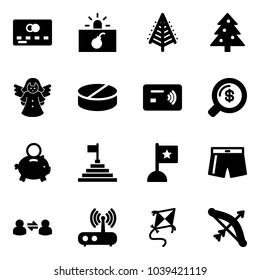 Solid vector icon set - credit card vector, terrorism, christmas tree, angel, pill, tap pay, money search, piggy bank, pyramid flag, swimsuit, information exchange, wi fi router, kite, bow