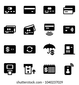 Solid vector icon set - credit card vector, tap pay, exchange, insurance, atm, finance calendar, identity